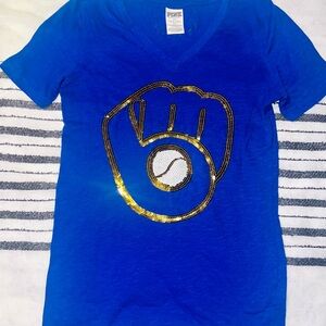 Victoria's Secret Blue Tee with Gold Sequin Design